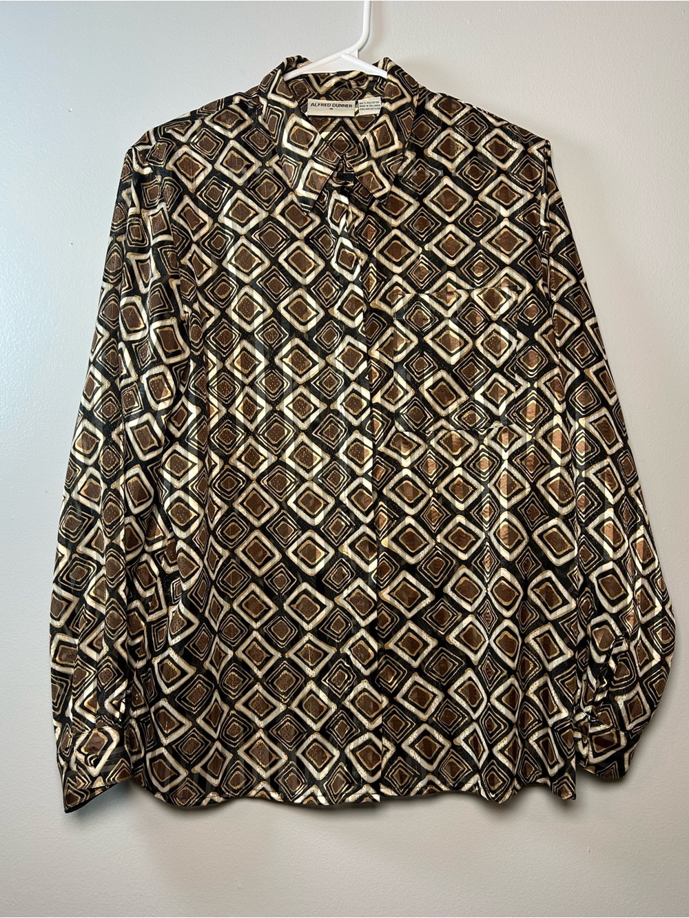 Vintage Alfred Dunner Blouse sz 16 Sheer Button Down Brown Gold Black Church